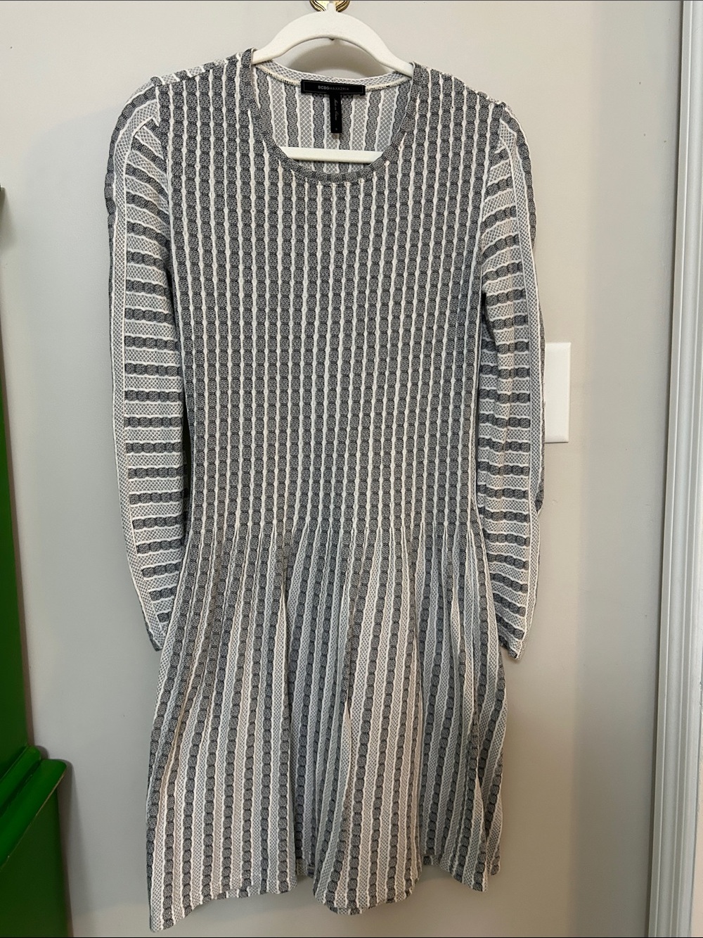 BCBGMaxAzria Gray and White Long-Sleeve Striped Knit Dress